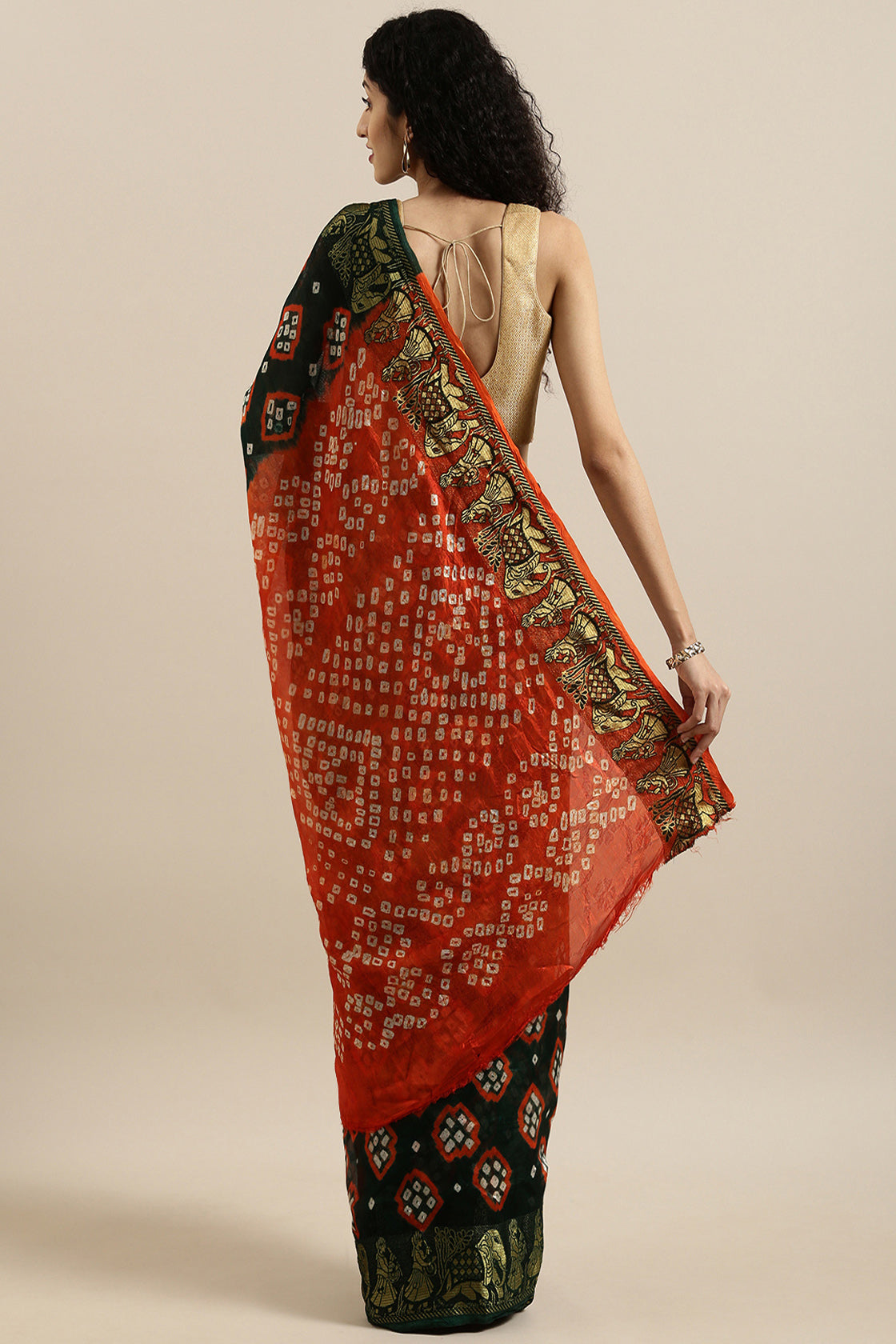 Black & Orange Bandhani Art Silk Saree With Zari Border