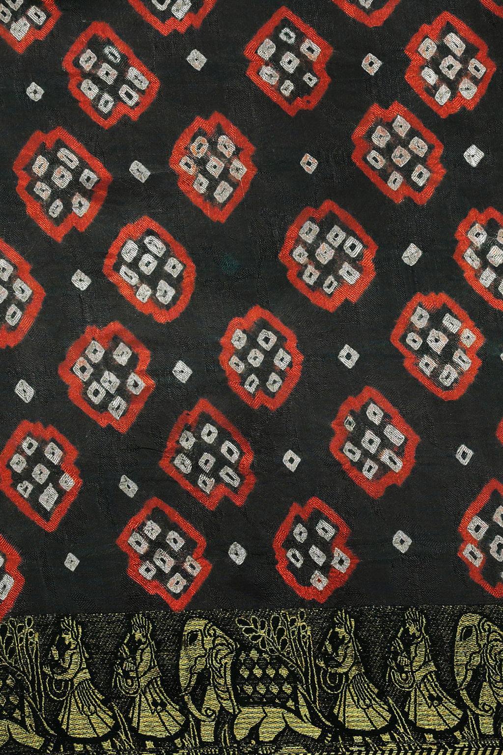 Black & Orange Bandhani Art Silk Saree With Zari Border