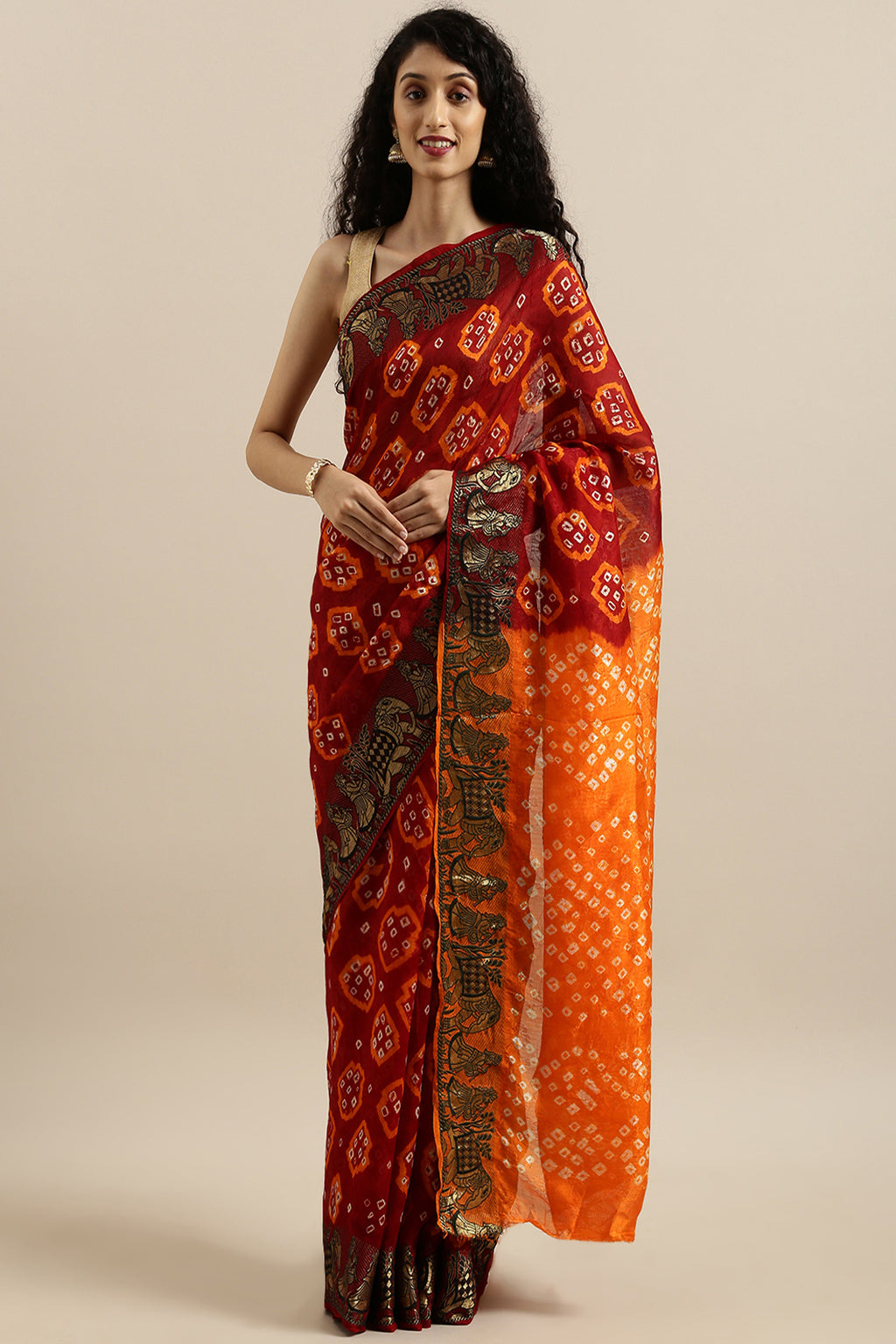 Maroon Hand Dyed Bandhani Zari Art Silk Saree