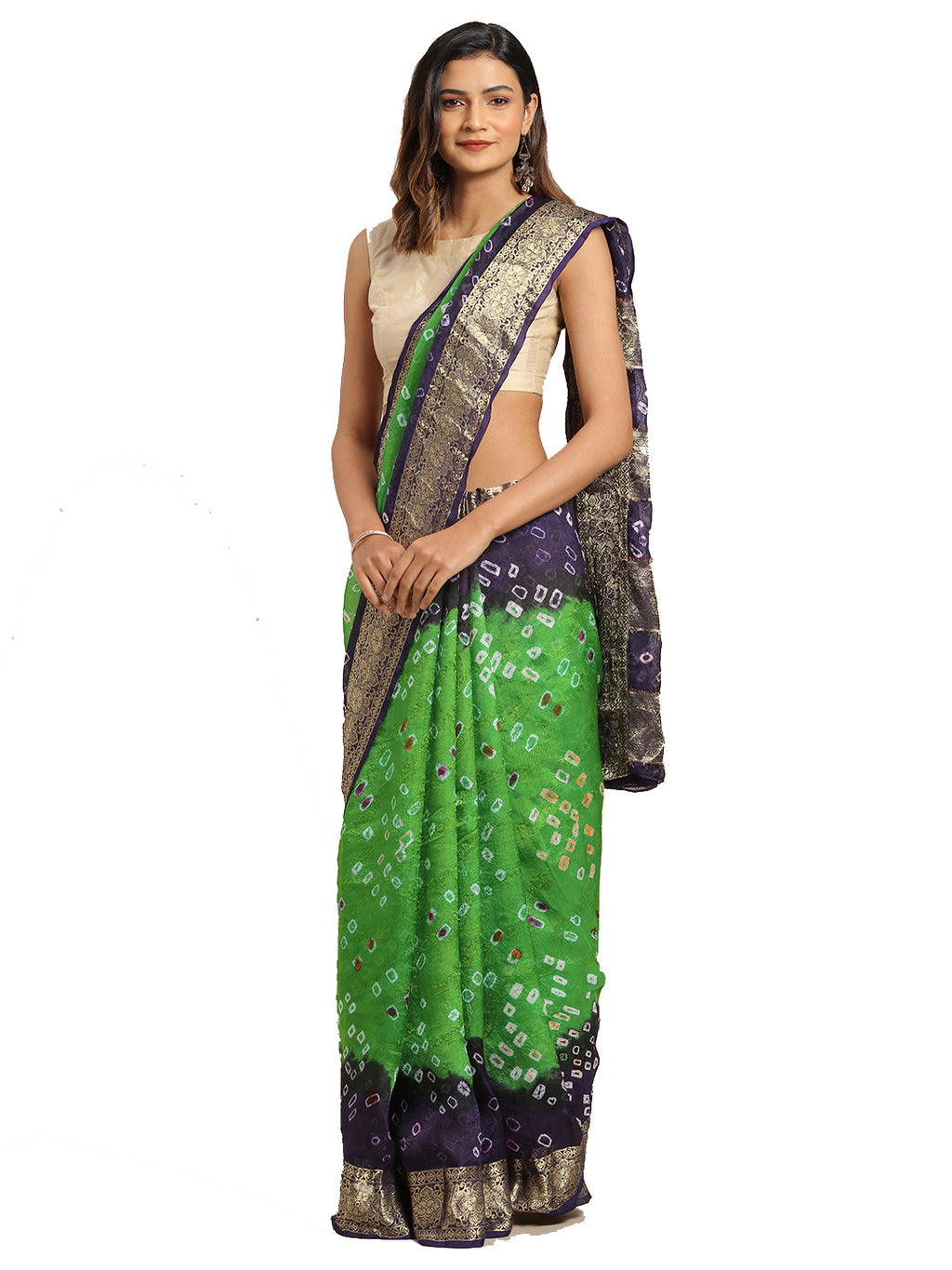Green & Blue Hand Dyed Bandhani Zari Work Art Silk Saree