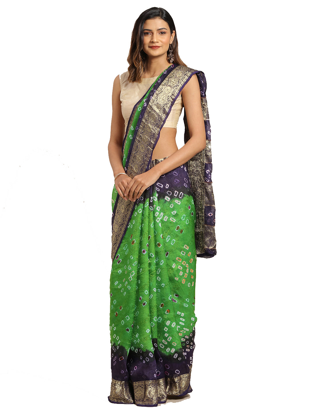 Green & Blue Hand Dyed Bandhani Zari Work Art Silk Saree