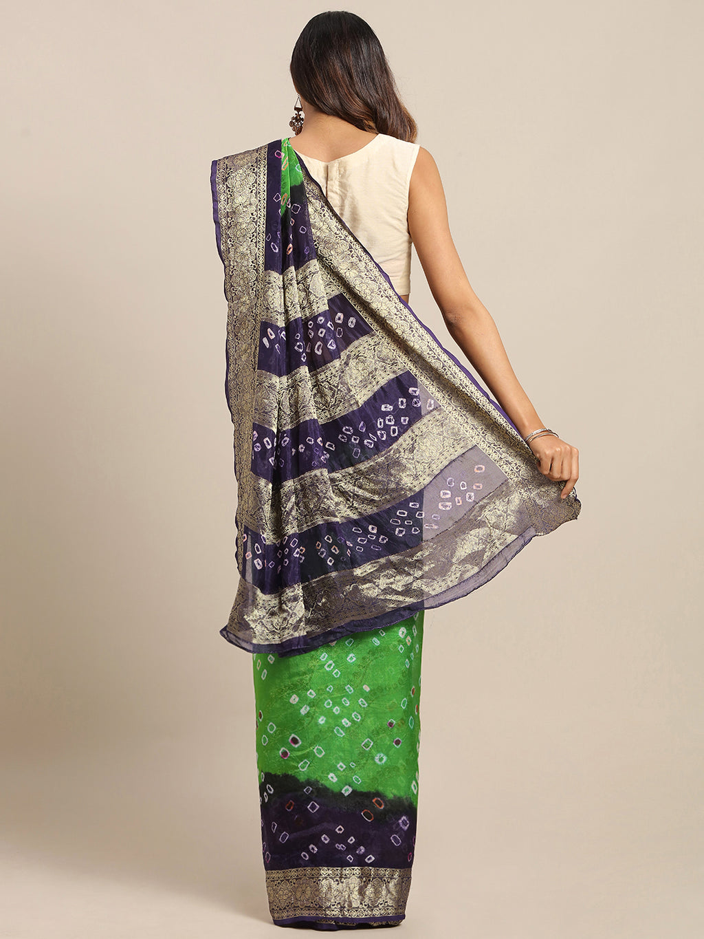 Green & Blue Hand Dyed Bandhani Zari Work Art Silk Saree