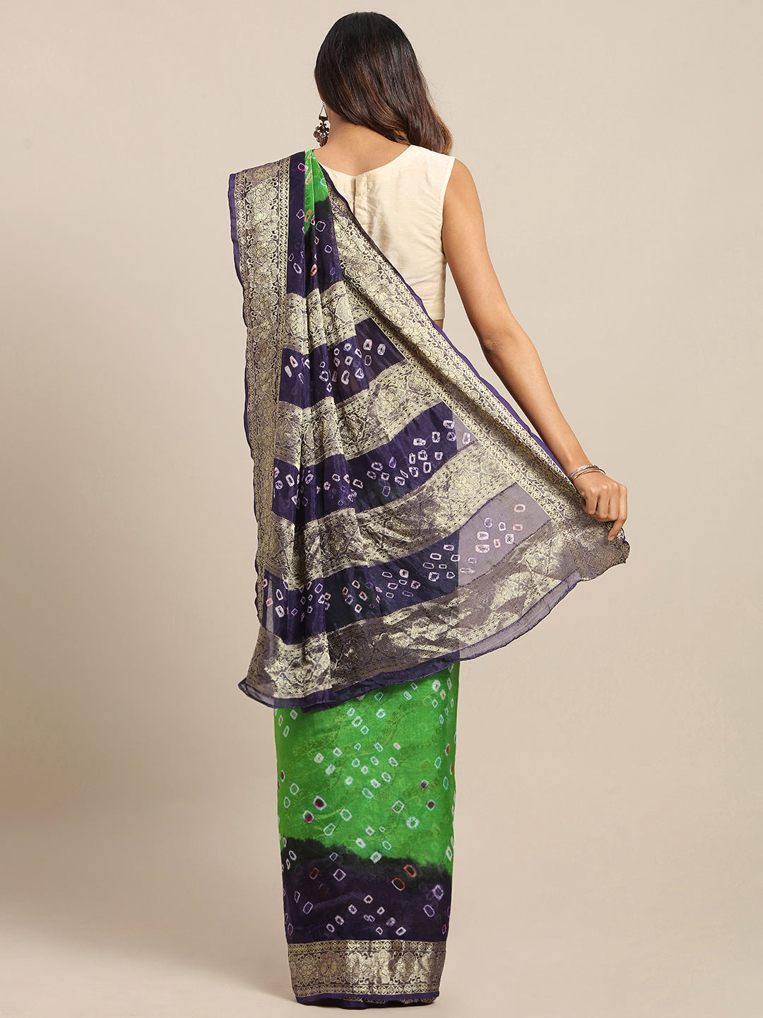 Green & Blue Hand Dyed Bandhani Zari Work Art Silk Saree