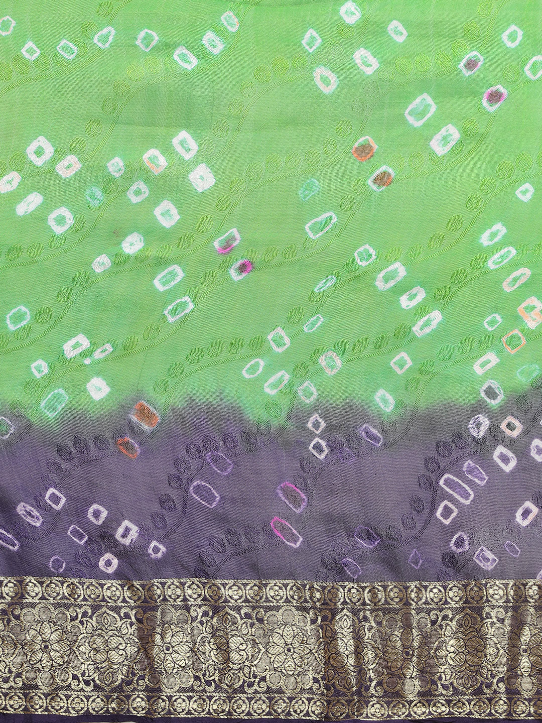 Green & Blue Hand Dyed Bandhani Zari Work Art Silk Saree