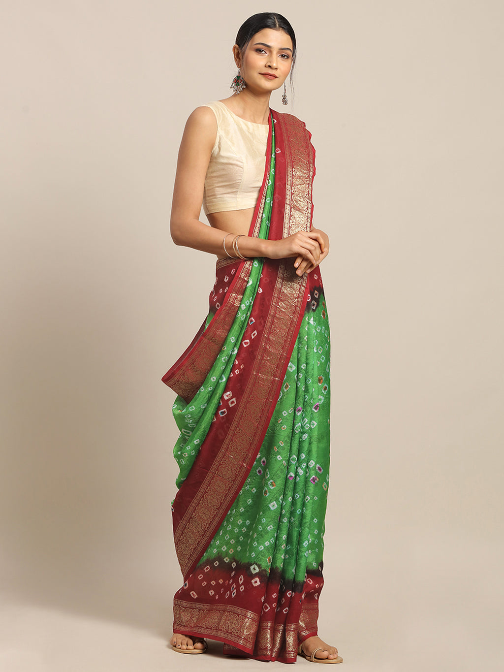 Green & Red Hand Dyed Bandhani Zari Work Art Silk Saree