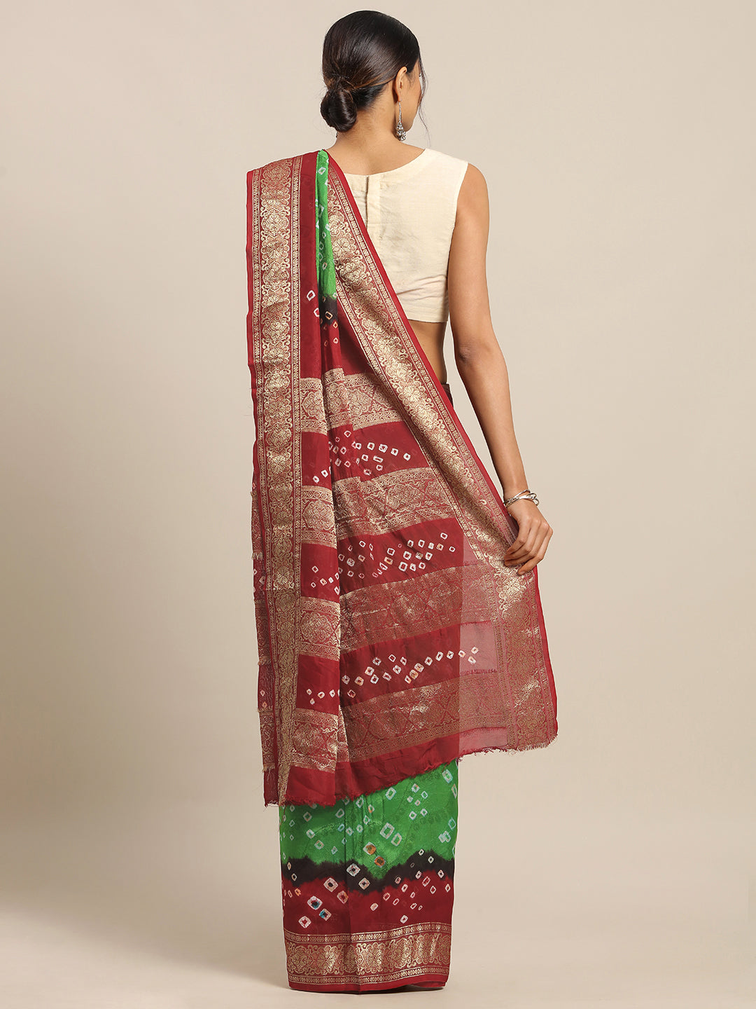 Green & Red Hand Dyed Bandhani Zari Work Art Silk Saree