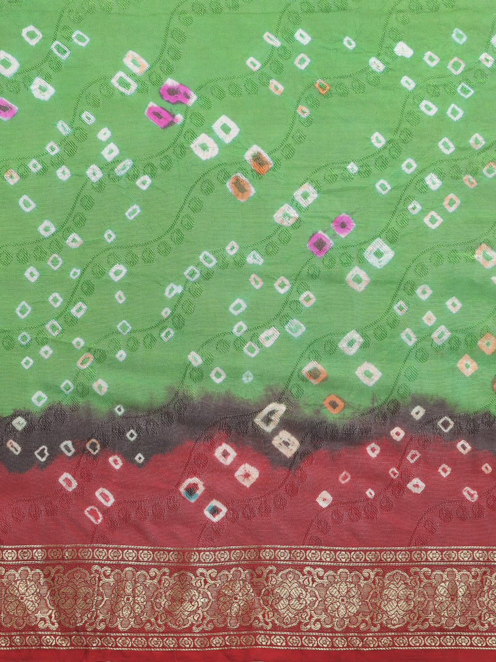 Green & Red Hand Dyed Bandhani Zari Work Art Silk Saree
