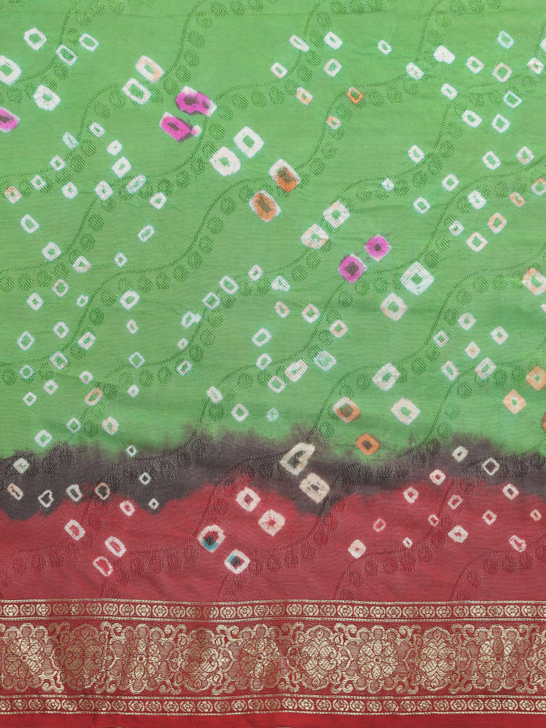 Green & Red Hand Dyed Bandhani Zari Work Art Silk Saree