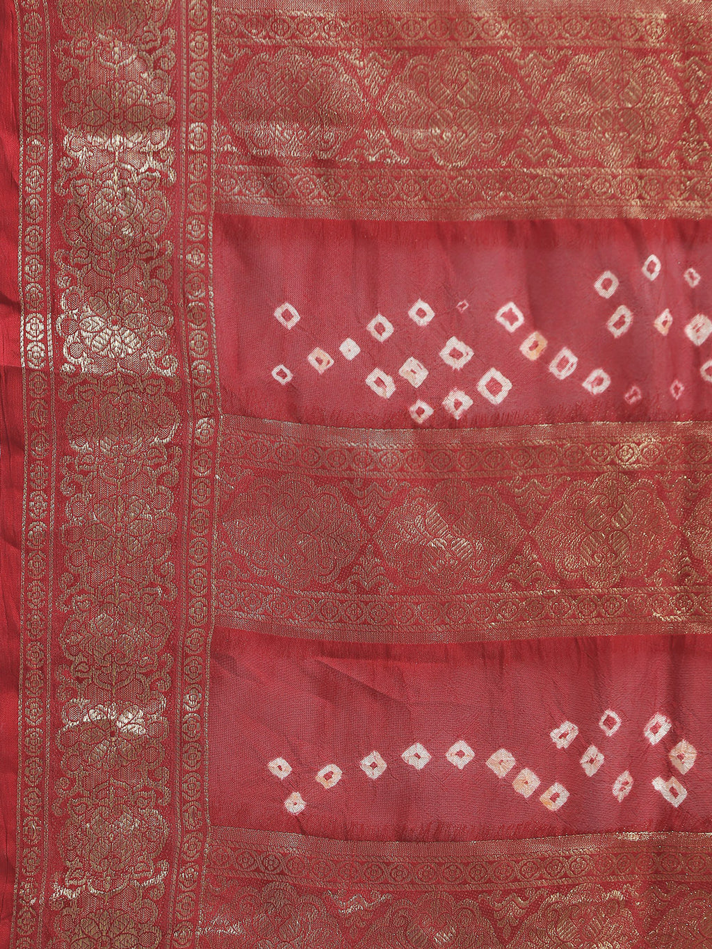 Green & Red Hand Dyed Bandhani Zari Work Art Silk Saree