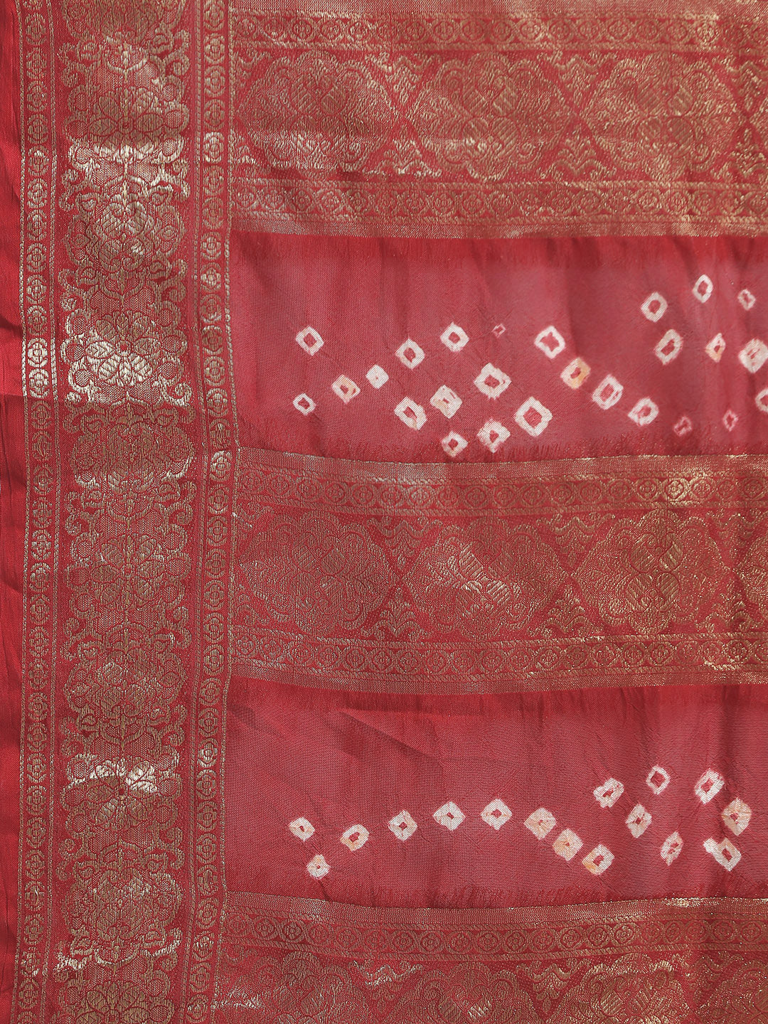 Green & Red Hand Dyed Bandhani Zari Work Art Silk Saree