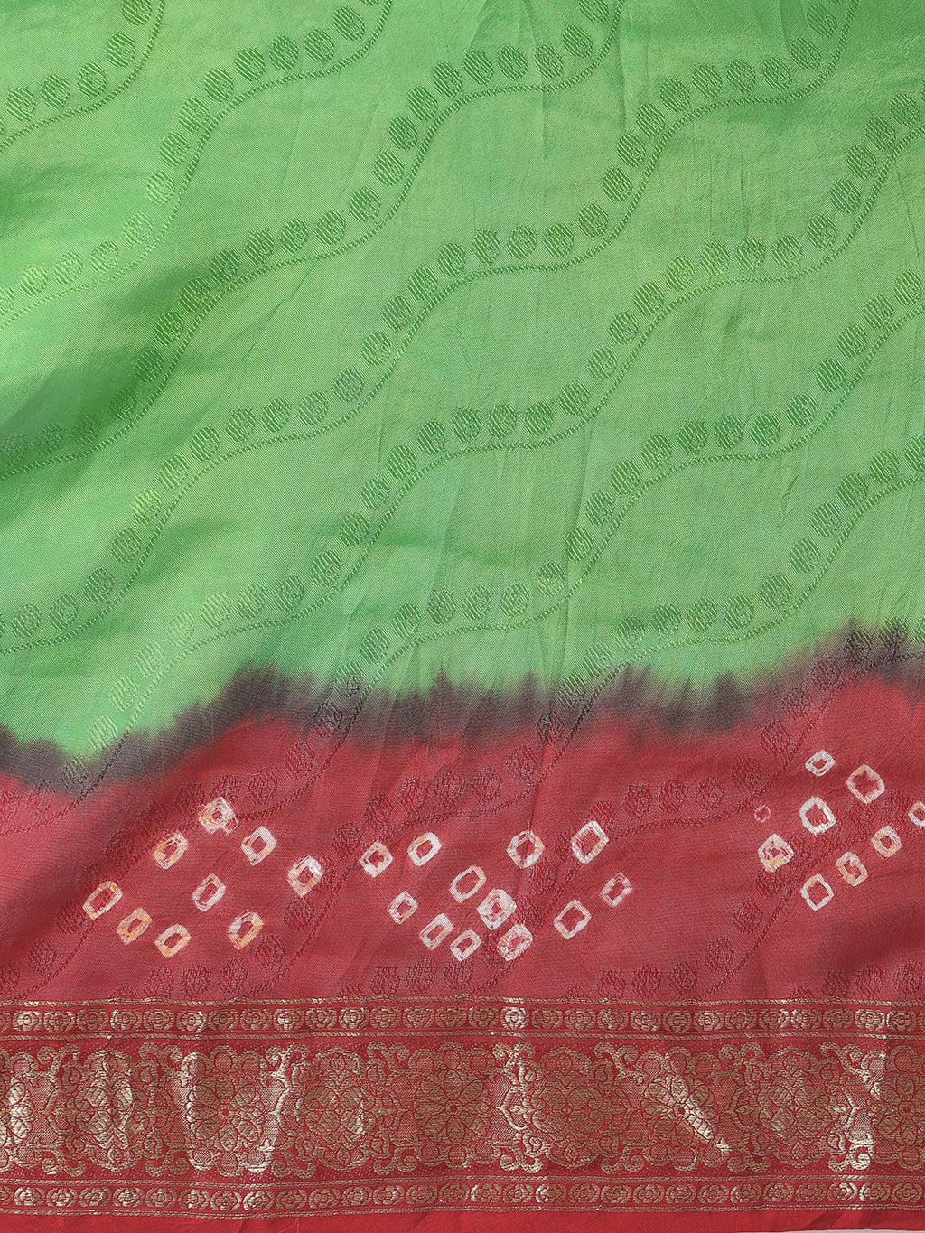 Green & Red Hand Dyed Bandhani Zari Work Art Silk Saree