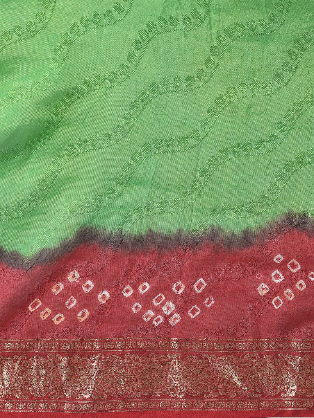 Green & Red Hand Dyed Bandhani Zari Work Art Silk Saree