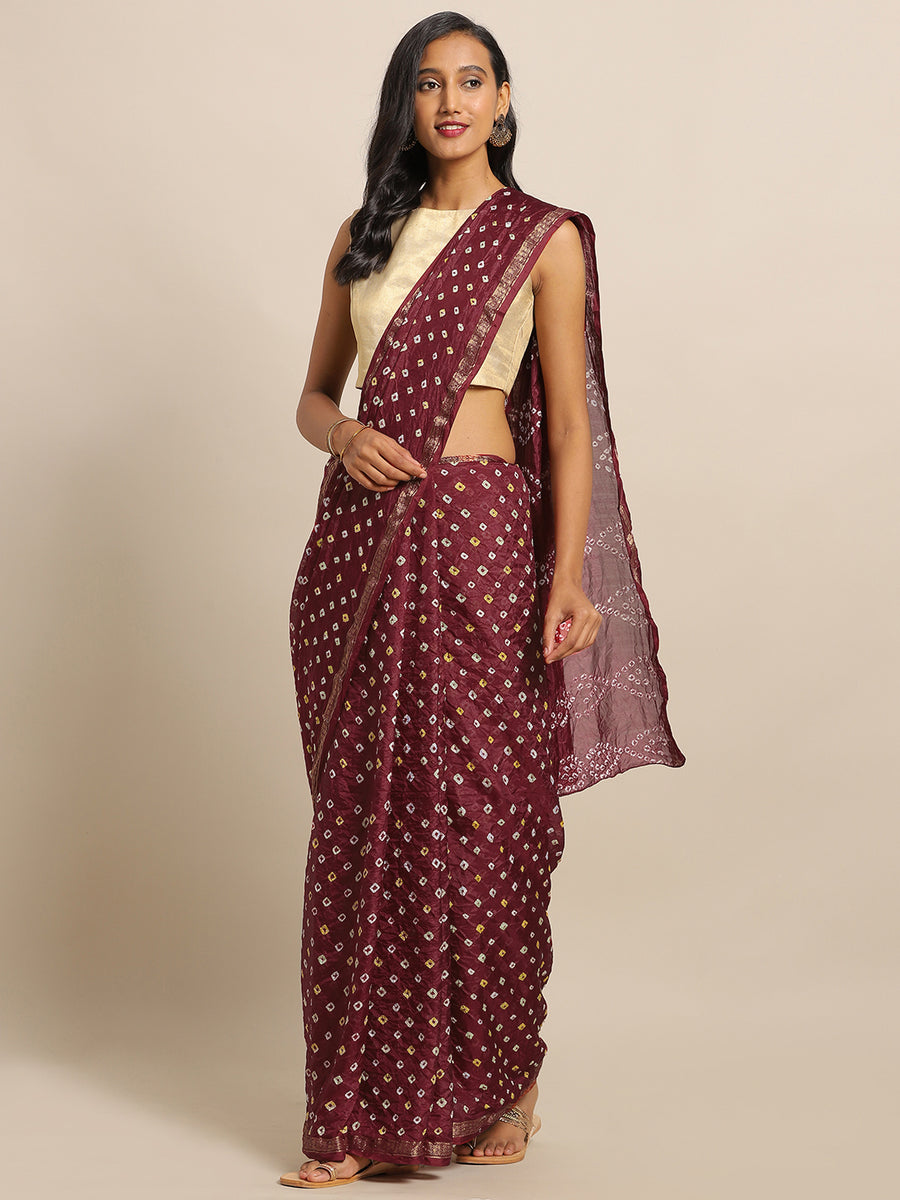 Maroon Bandhani Zari Work Art Silk Saree