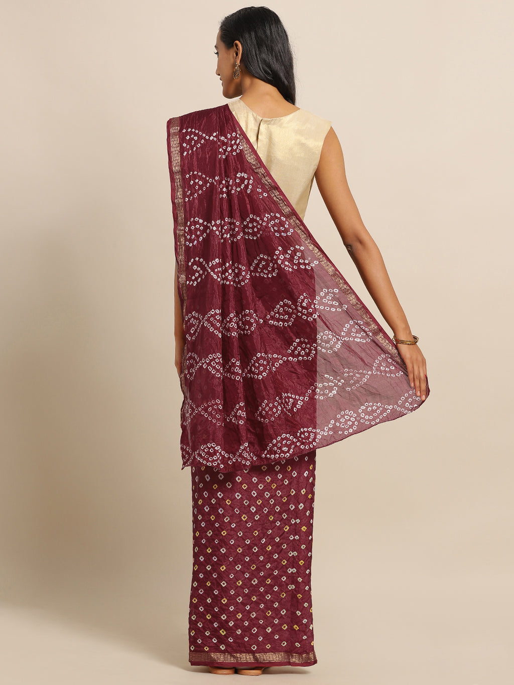 Maroon Bandhani Zari Work Art Silk Saree