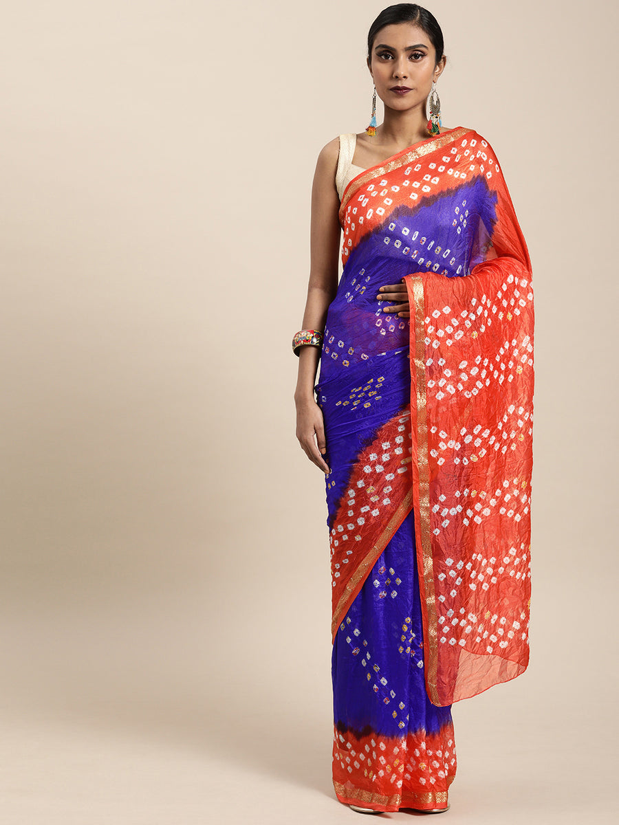 Blue & Orange Bandhani Printed Art Silk Saree
