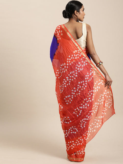 Blue & Orange Bandhani Printed Art Silk Saree