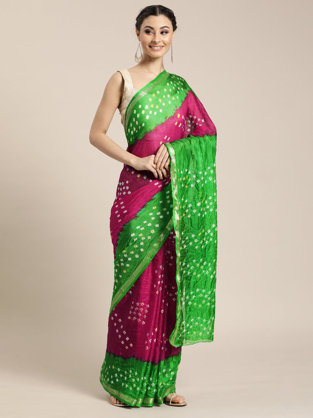 Pink & Green Hand Dyed Bandhani Silk Saree