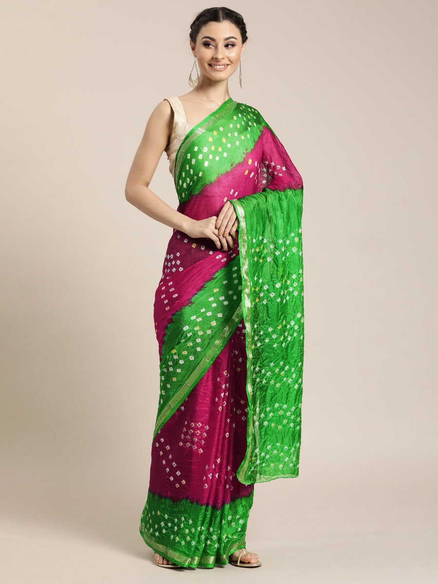 Pink & Green Hand Dyed Bandhani Silk Saree