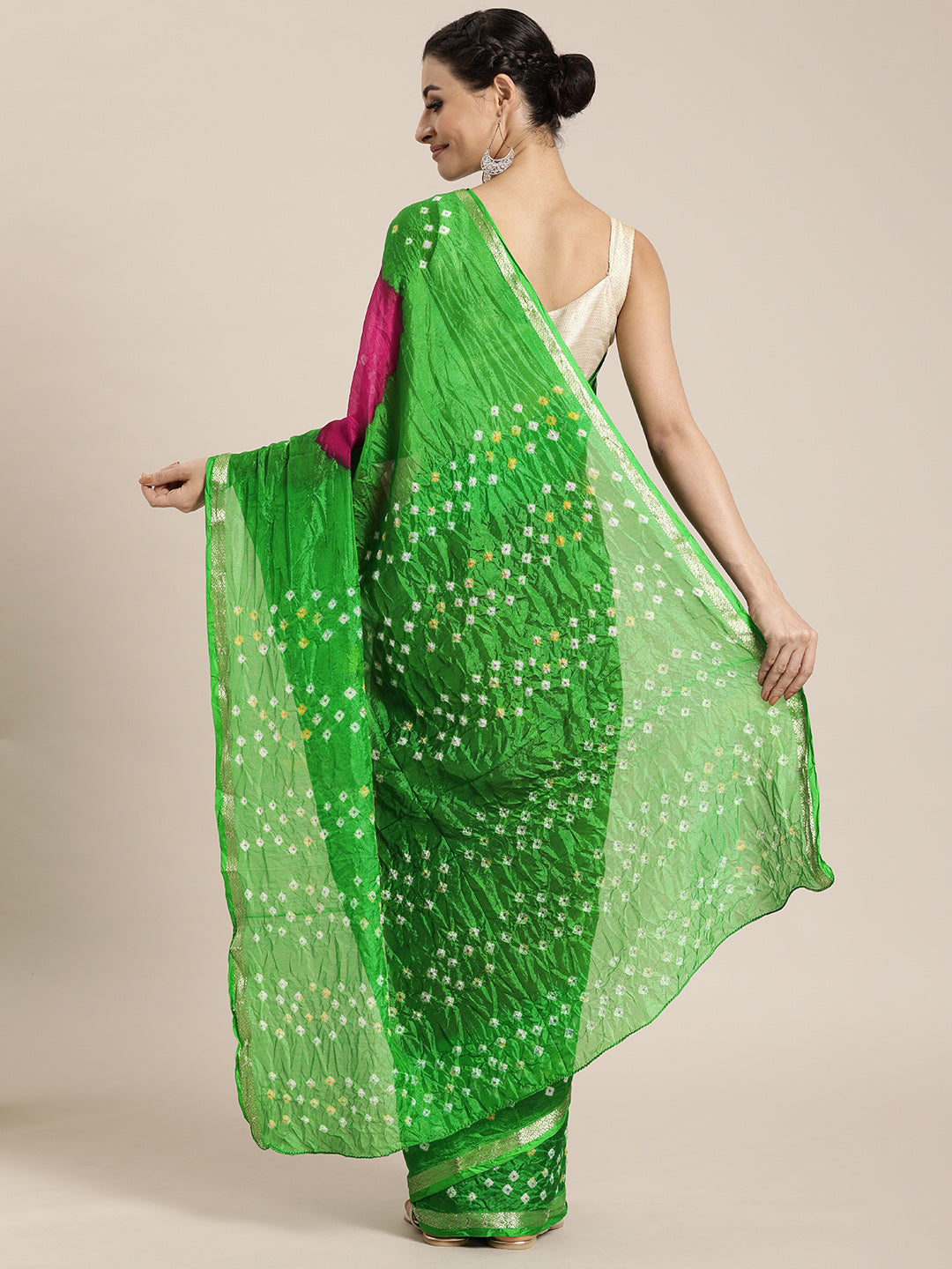 Pink & Green Hand Dyed Bandhani Silk Saree