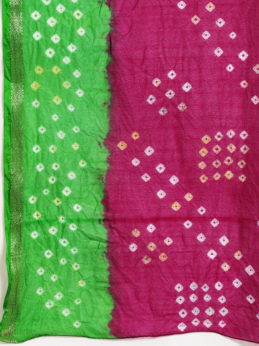 Pink & Green Hand Dyed Bandhani Silk Saree