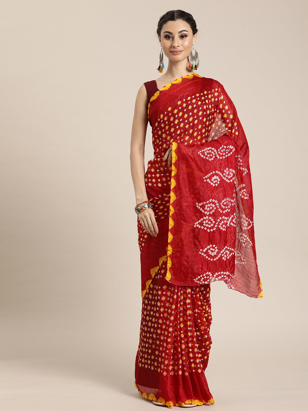 Red Tie And Dye Bandhani Art Silk Saree