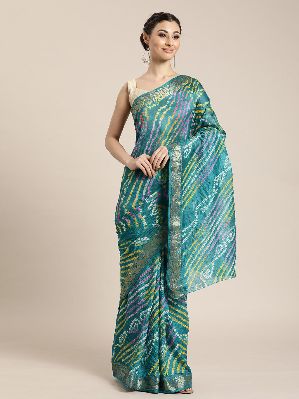 Green Hand Dyed Bandhani Zari Work Art Silk Saree