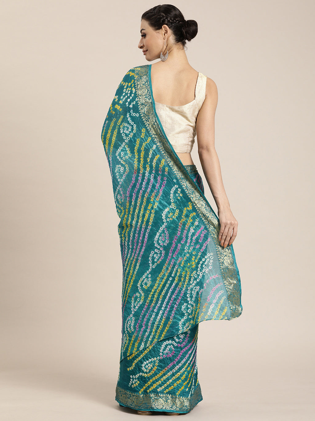 Green Hand Dyed Bandhani Zari Work Art Silk Saree