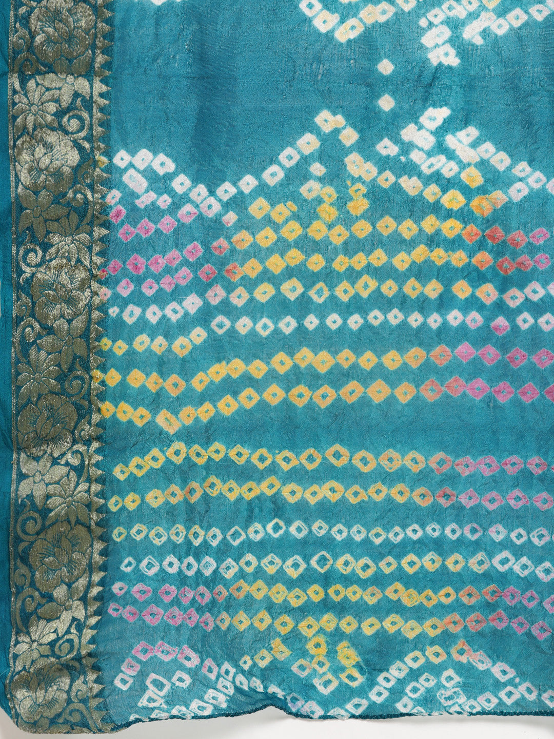 Green Hand Dyed Bandhani Zari Work Art Silk Saree