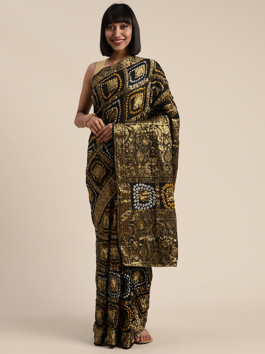 Black Hand-Dyed Bandhani Art Silk Saree With Zari Work
