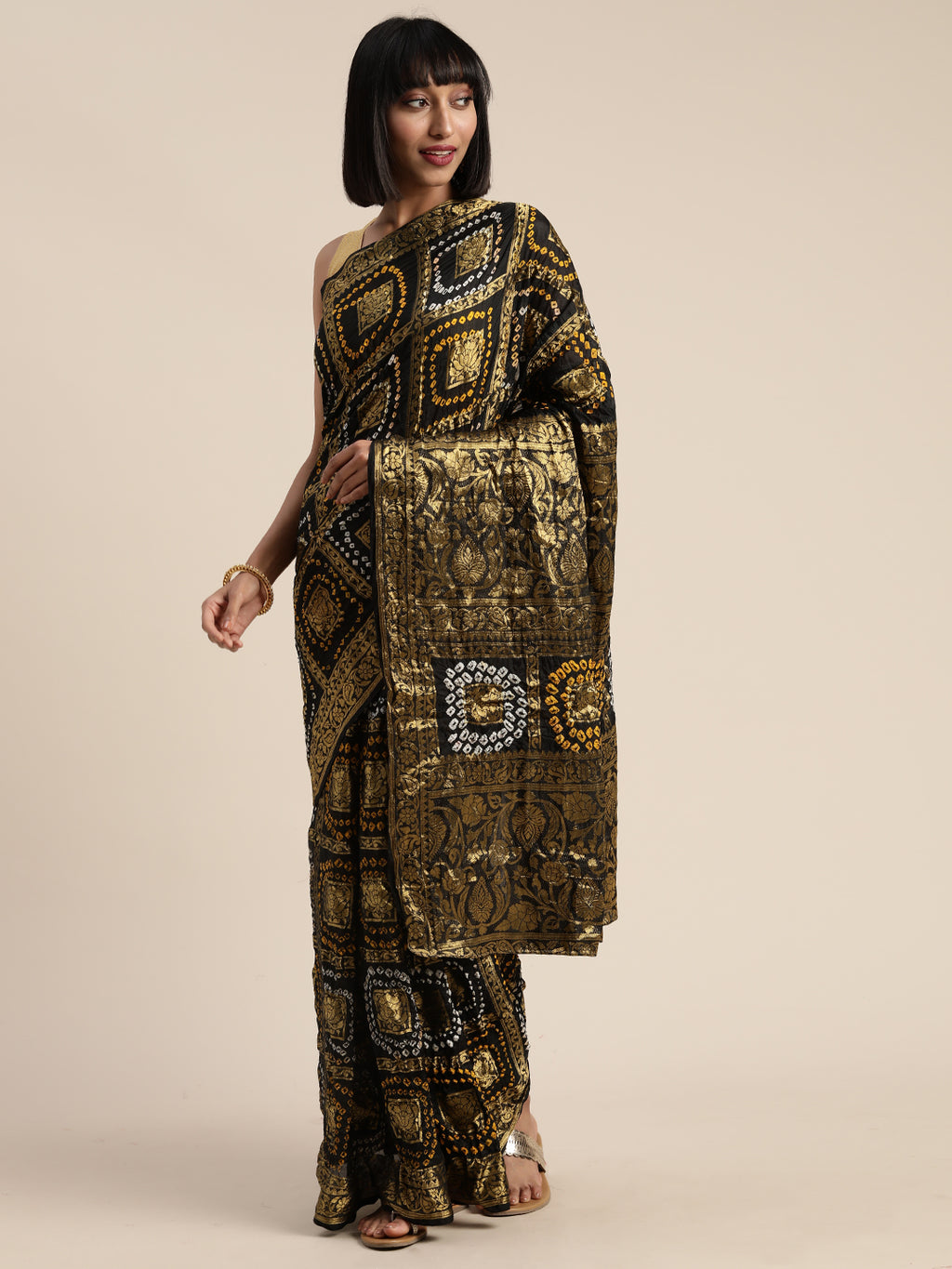 Black Hand-Dyed Bandhani Art Silk Saree With Zari Work