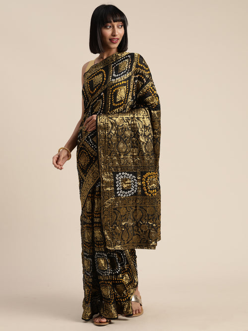 Black Hand-Dyed Bandhani Art Silk Saree With Zari Work