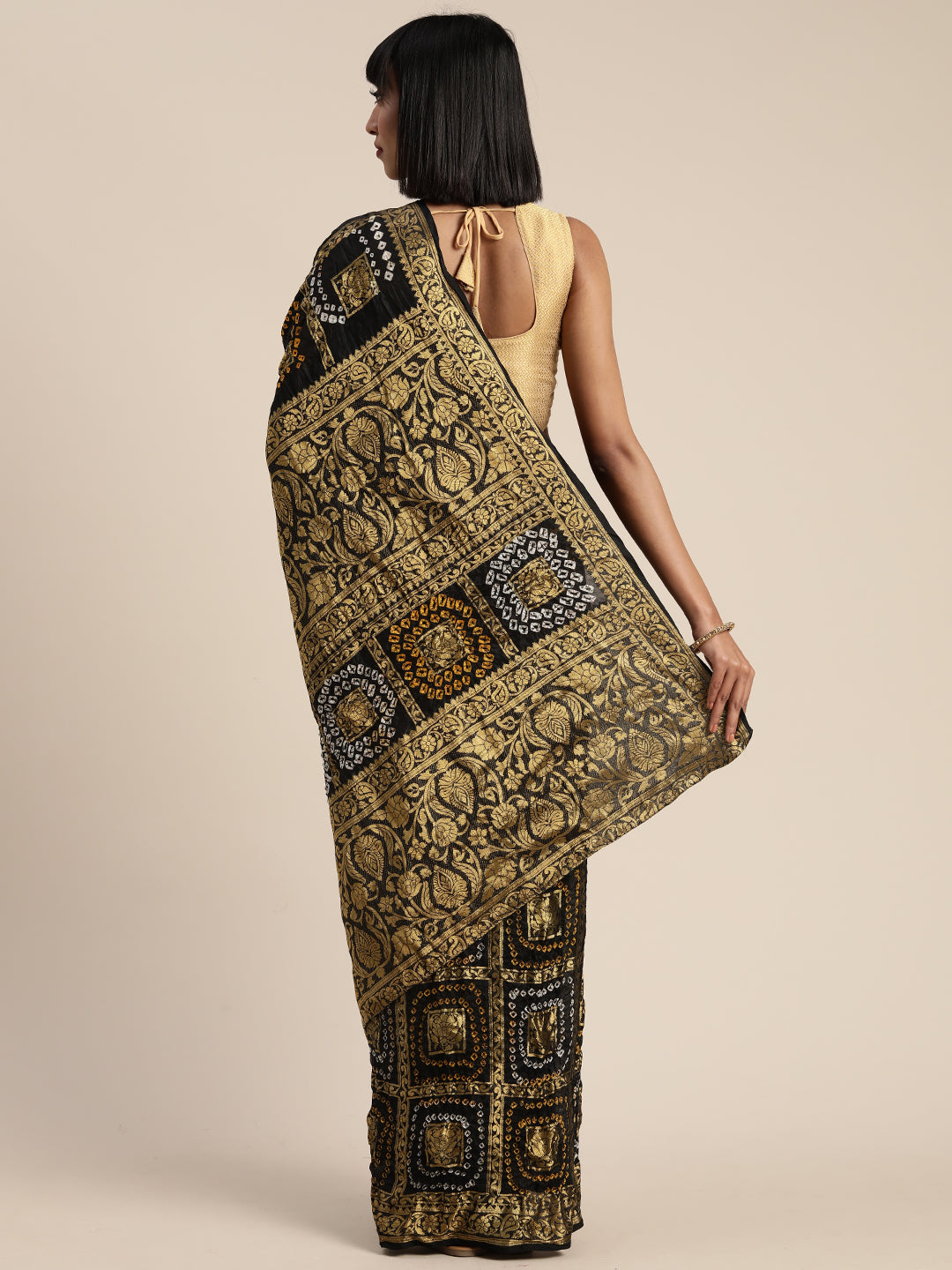 Black Hand-Dyed Bandhani Art Silk Saree With Zari Work