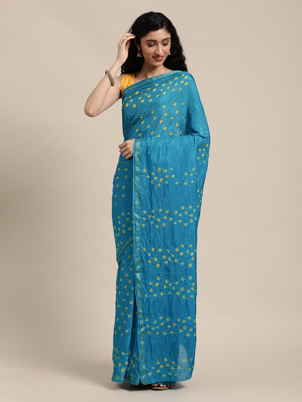 Blue Hand Dyed Yellow Bandhani Art Silk Saree