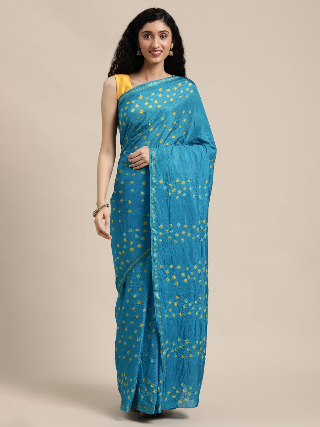 Blue Hand Dyed Yellow Bandhani Art Silk Saree