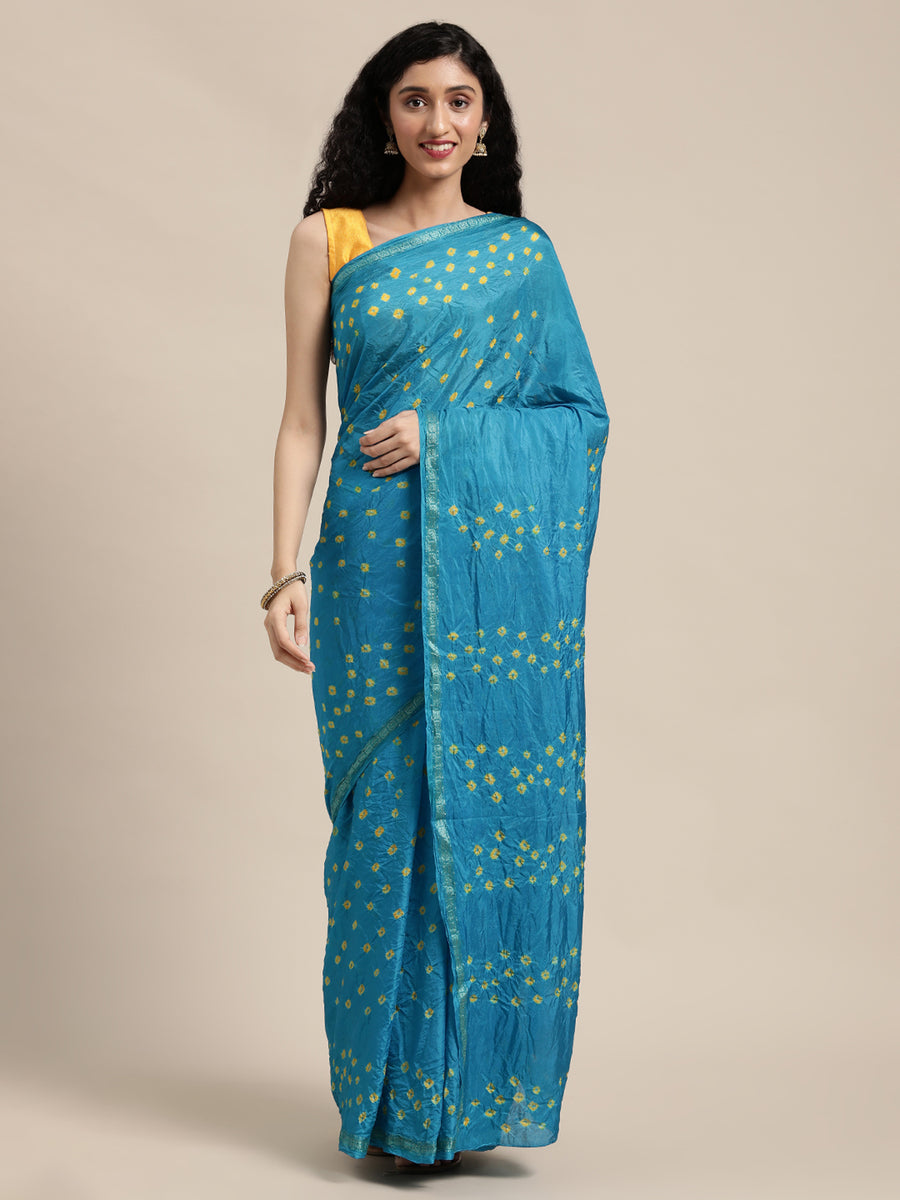 Blue Hand Dyed Yellow Bandhani Art Silk Saree
