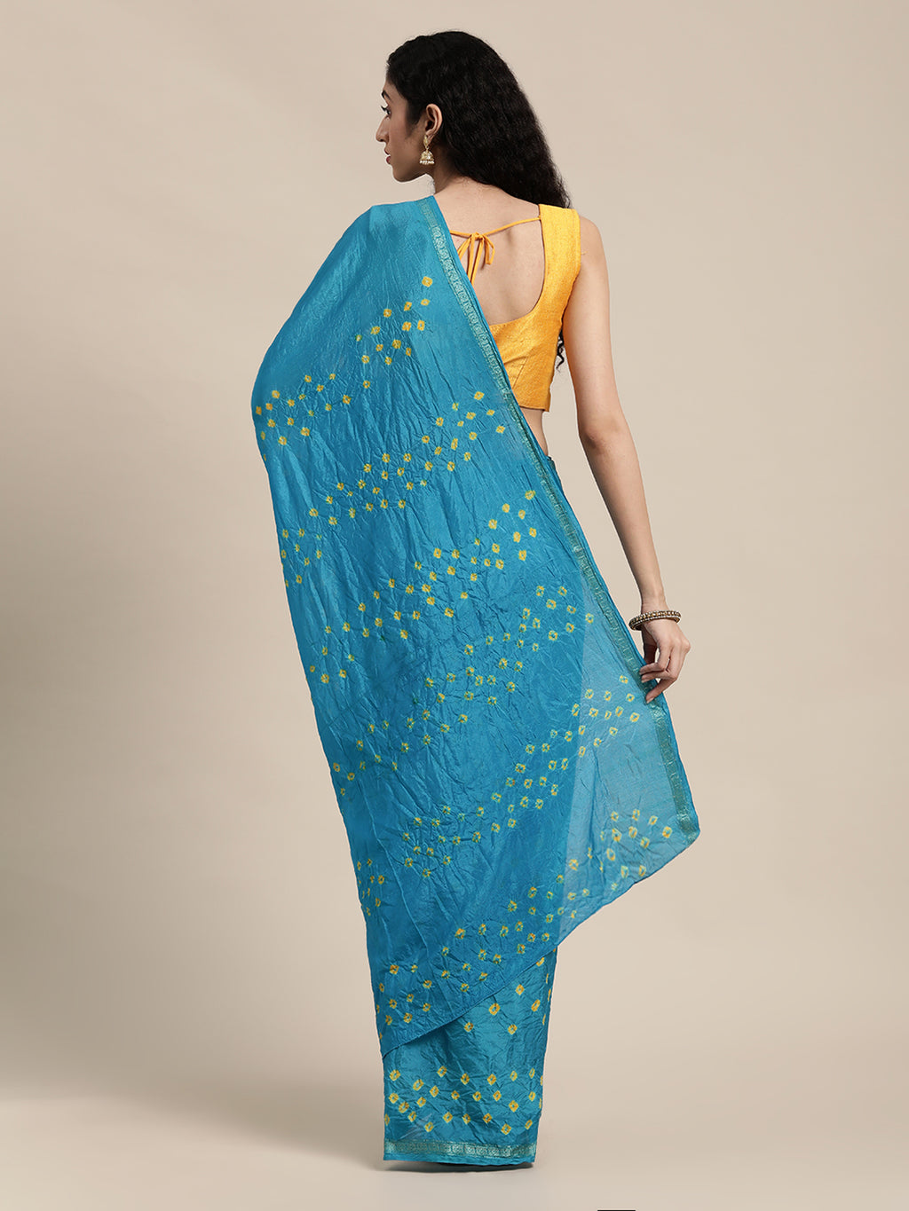 Blue Hand Dyed Yellow Bandhani Art Silk Saree