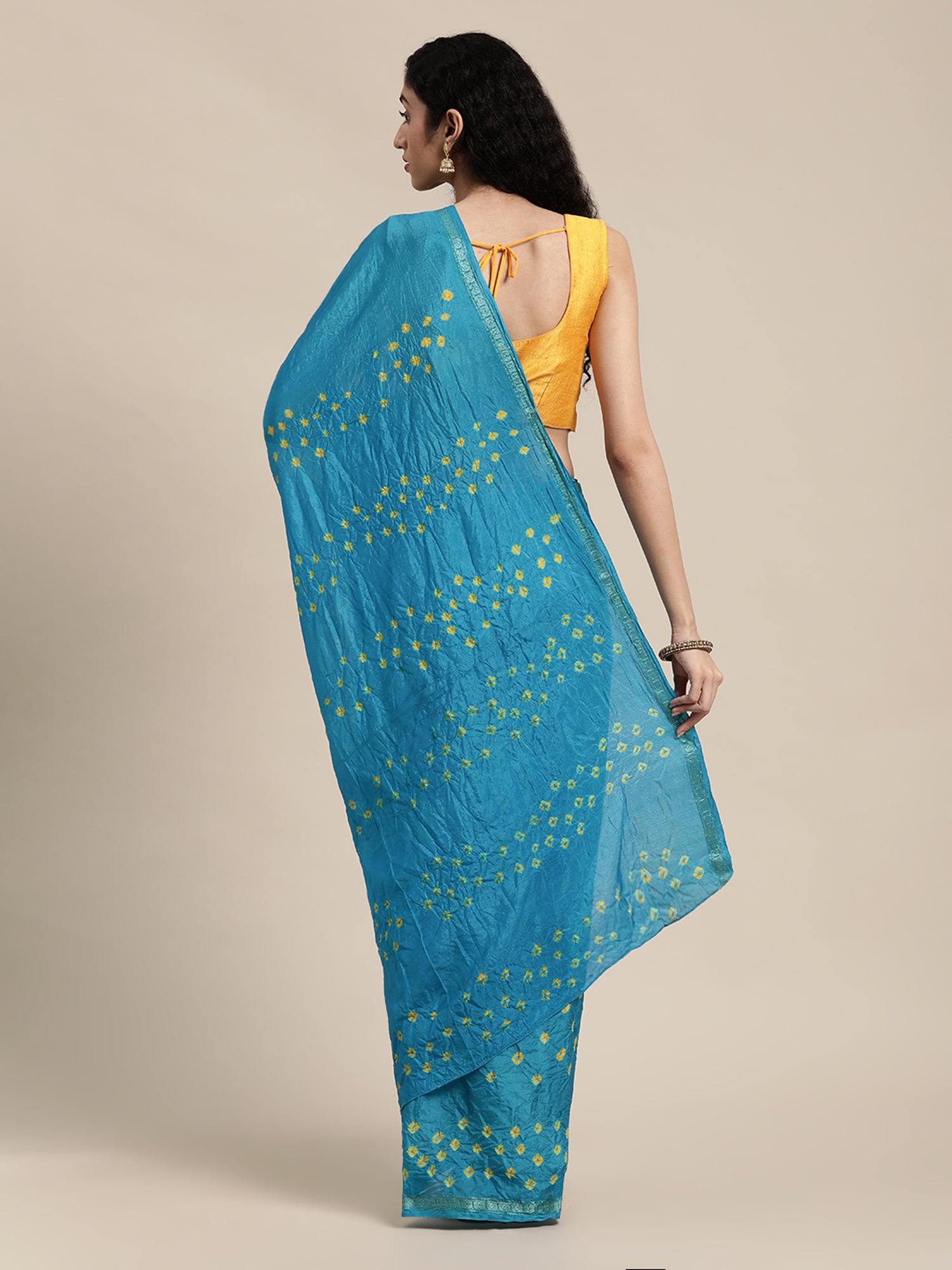 Blue Hand Dyed Yellow Bandhani Art Silk Saree