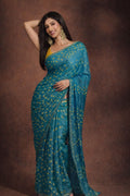 Blue Hand Dyed Yellow Bandhani Art Silk Saree