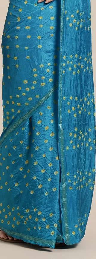 Blue Hand Dyed Yellow Bandhani Art Silk Saree