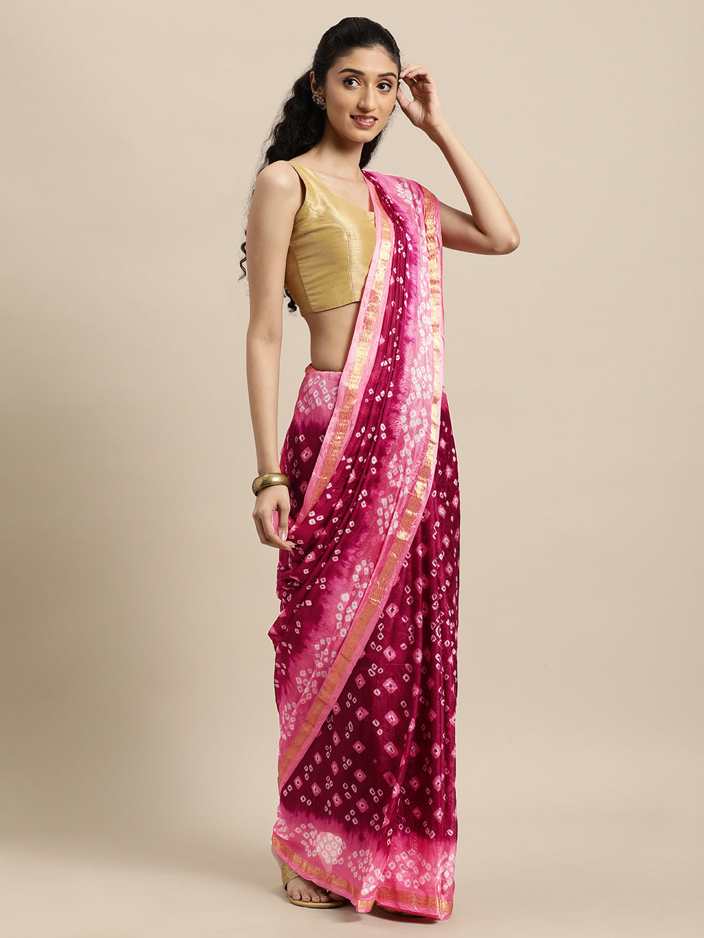 Pink Bandhani Printed Art Silk Saree