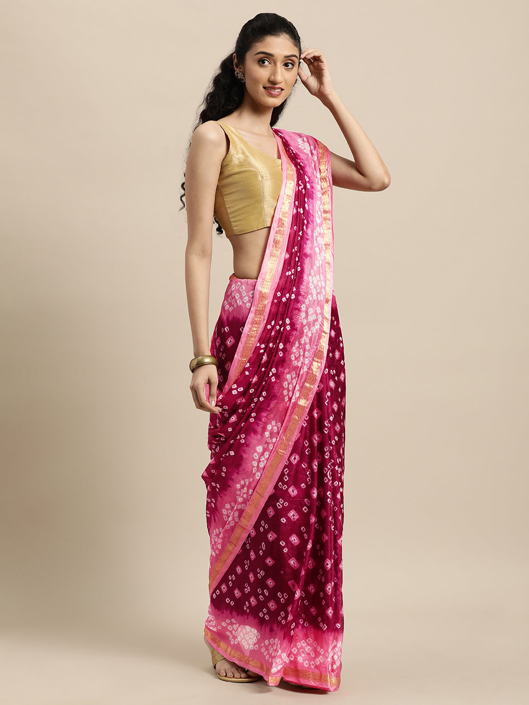 Pink Bandhani Printed Art Silk Saree
