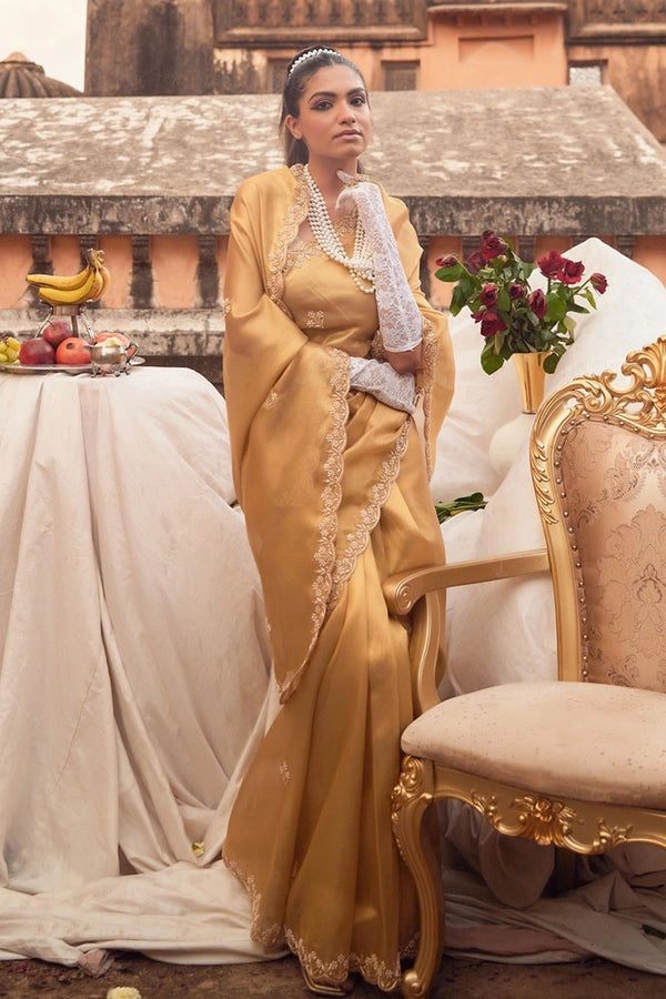 Gold Pure Tissue Saree with Handcrafted Zardozi Work