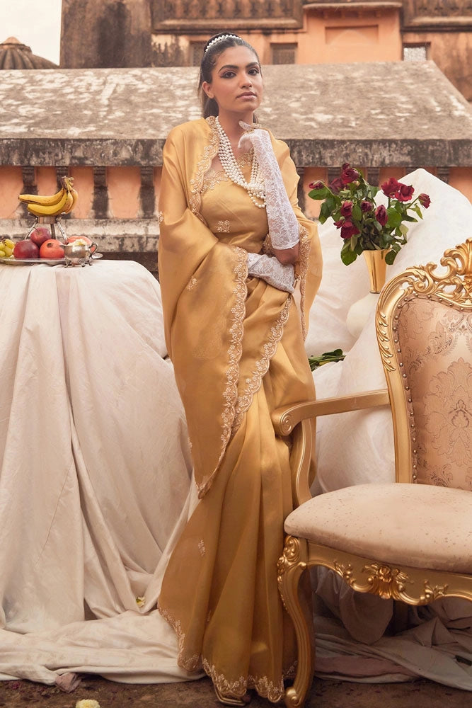 Gold Pure Tissue Saree with Handcrafted Zardozi Work