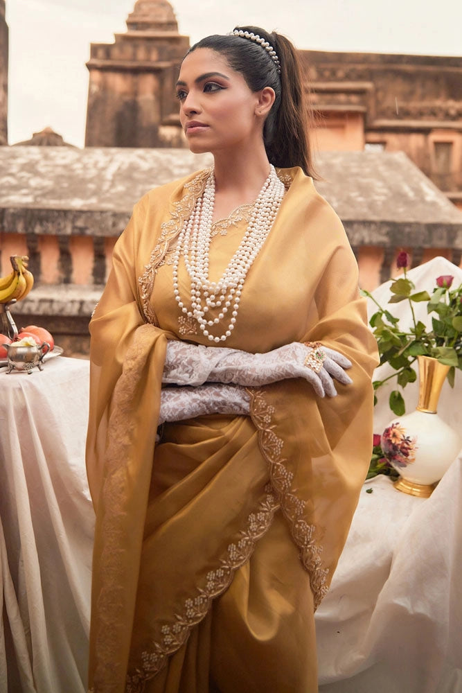 Gold Pure Tissue Saree with Handcrafted Zardozi Work