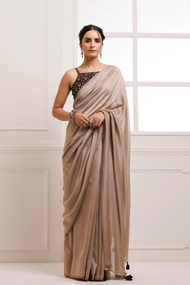 Taupe Solid Silk Textured Saree With Stitched Embroidered Blouse