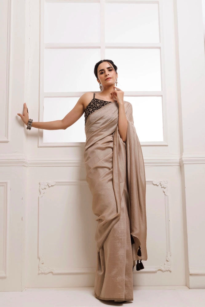 Taupe Solid Silk Textured Saree With Stitched Embroidered Blouse