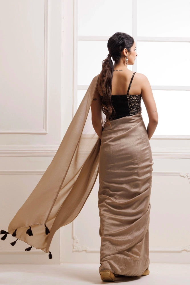 Taupe Solid Silk Textured Saree With Stitched Embroidered Blouse