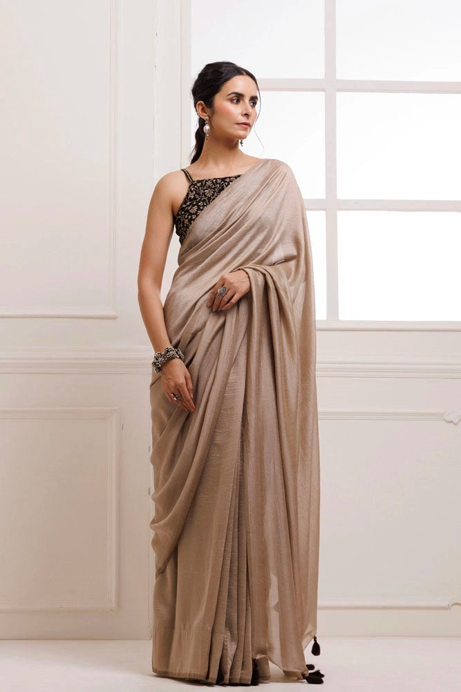 Taupe Solid Silk Textured Saree With Stitched Embroidered Blouse