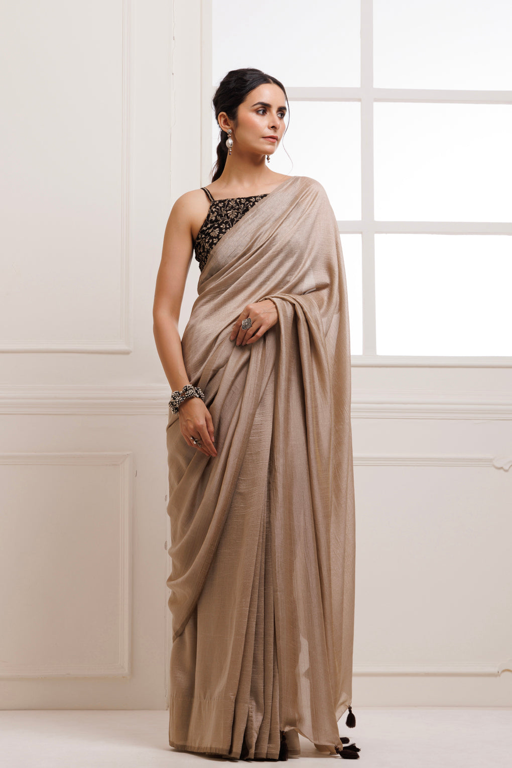 Taupe Solid Silk Textured Saree With Stitched Embroidered Blouse