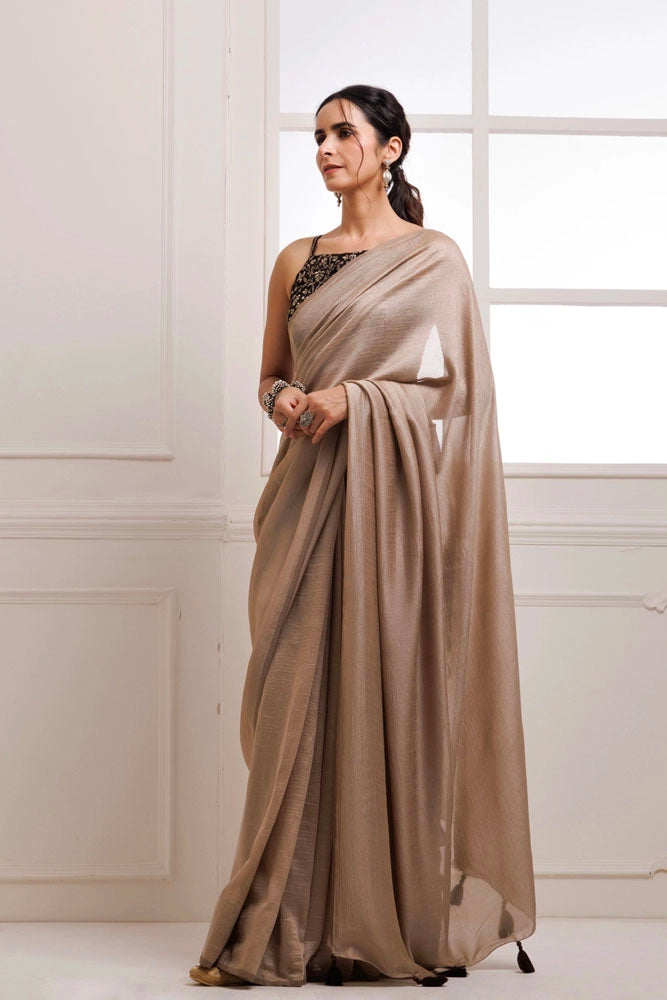 Taupe Solid Silk Textured Saree With Stitched Embroidered Blouse